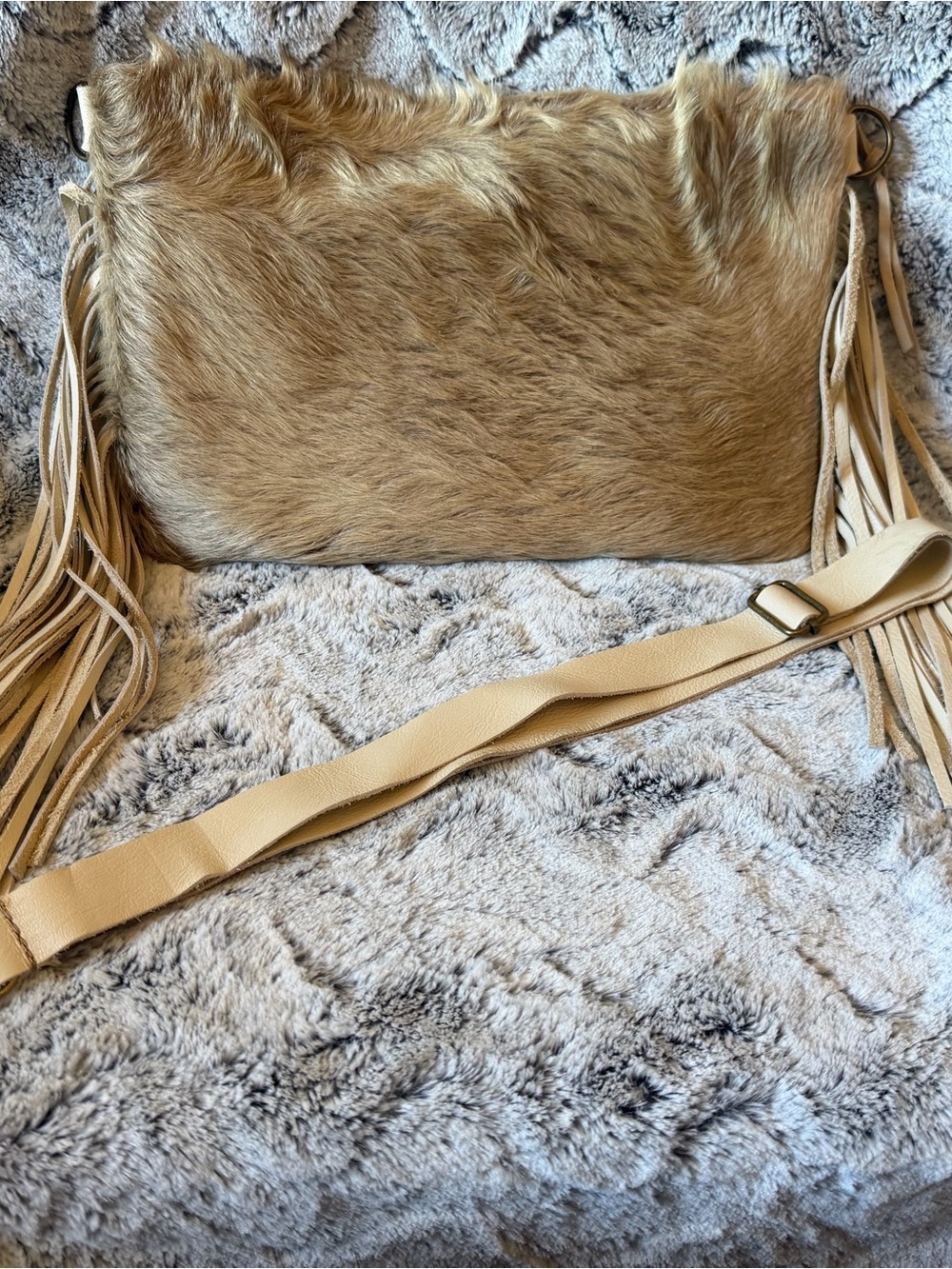 Cowhide Fringe Crossbody Bag in Beige